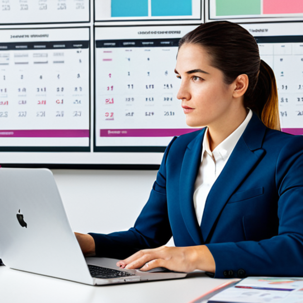 A professional female content strategist, fully clothed in a modest business suit, seated at a clean, modern desk in a bright, open-plan creative office. Her sleek laptop displays a content calendar and visual mockups. A large wall-mounted screen in the background shows a dynamic content dashboard with various media types. She is focused and thoughtfully reviewing information, with a natural pose. Perfect anatomy, correct proportions, well-formed hands, natural body proportions. Professional photography, high detail, vibrant lighting. safe for work, appropriate content, family-friendly.