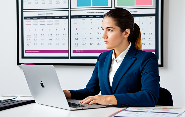 A professional female content strategist, fully clothed in a modest business suit, seated at a clean, modern desk in a bright, open-plan creative office. Her sleek laptop displays a content calendar and visual mockups. A large wall-mounted screen in the background shows a dynamic content dashboard with various media types. She is focused and thoughtfully reviewing information, with a natural pose. Perfect anatomy, correct proportions, well-formed hands, natural body proportions. Professional photography, high detail, vibrant lighting. safe for work, appropriate content, family-friendly.