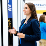 브랜드 커뮤니케이션 경력직 이직 성공기 - Networking Event**
"A young professional woman, fully clothed in a modest business casual outfit, e...