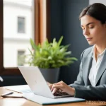 브랜드 커뮤니케이션 직무와 워라밸 - **Prompt 1: Focused Professional in a Modern Workspace**
A clear, well-lit image of a profession...