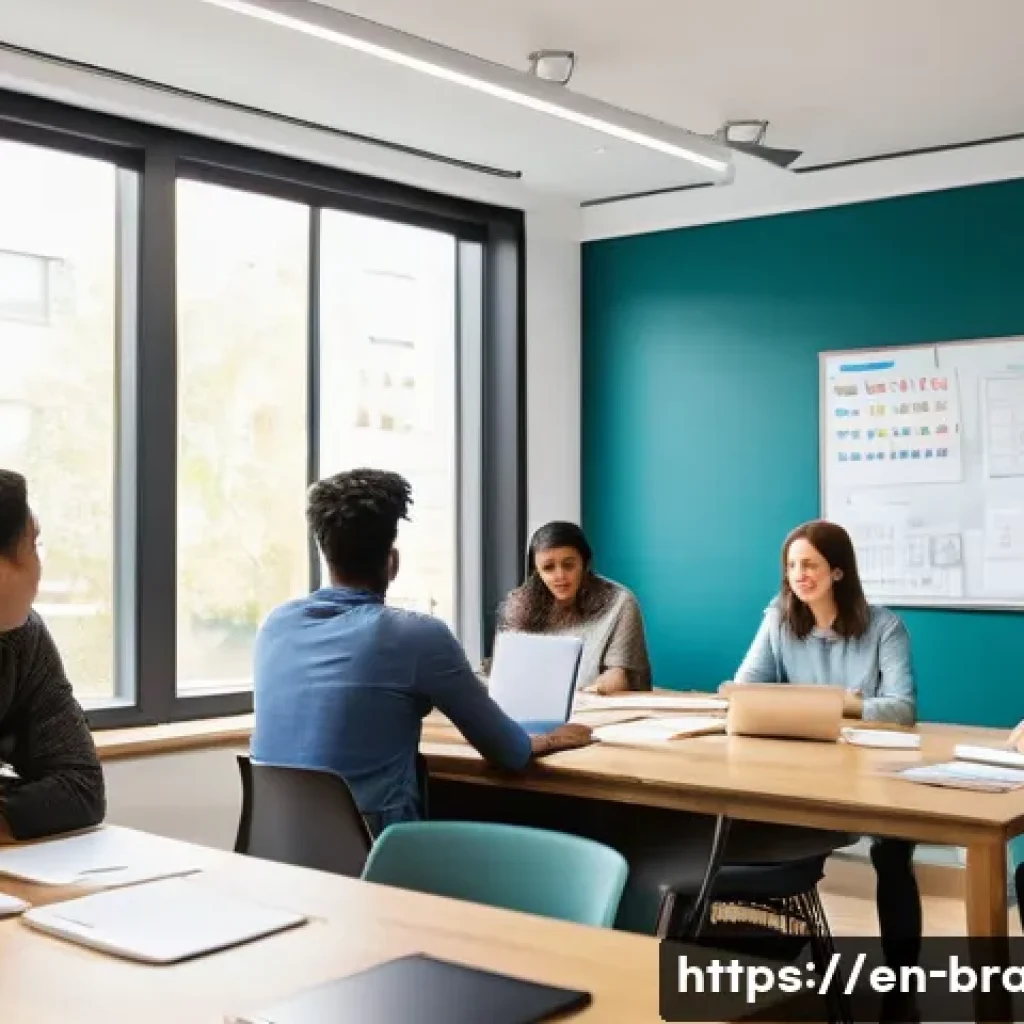 브랜드 커뮤니케이션 자격증 대비 모의시험 - A modern study room scene showing a diverse group of young adults focused on preparing for a brand c...