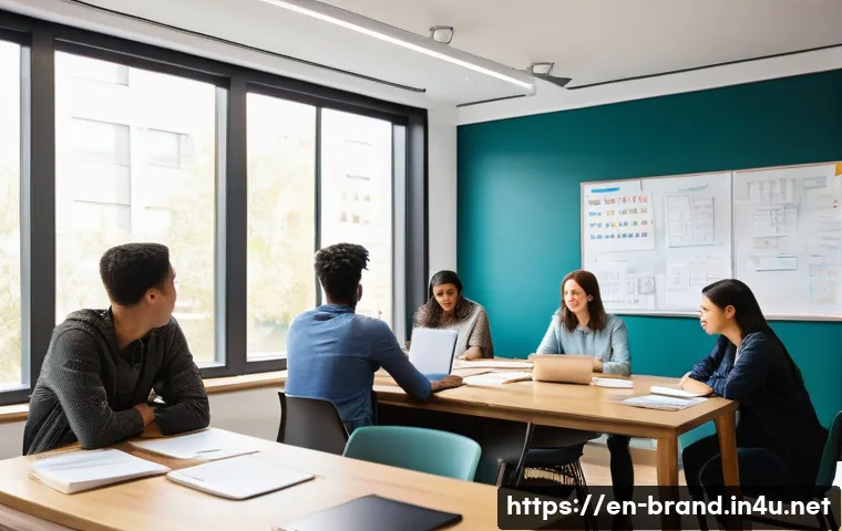 브랜드 커뮤니케이션 자격증 대비 모의시험 - A modern study room scene showing a diverse group of young adults focused on preparing for a brand c...