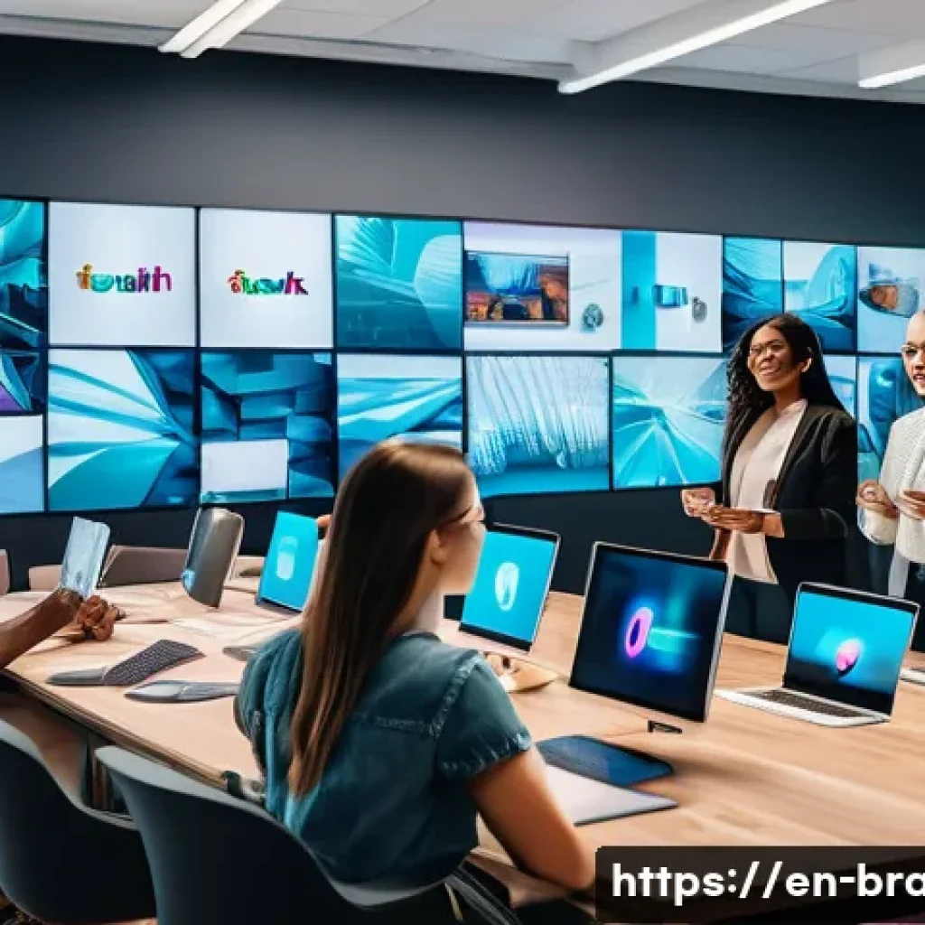 브랜드 커뮤니케이션에서의 창의적 콘텐츠 제작 - A vibrant social media marketing scene showing a diverse group of young professionals collaborating ...