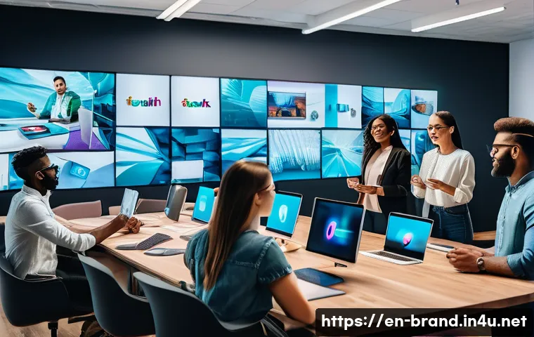 브랜드 커뮤니케이션에서의 창의적 콘텐츠 제작 - A vibrant social media marketing scene showing a diverse group of young professionals collaborating ...