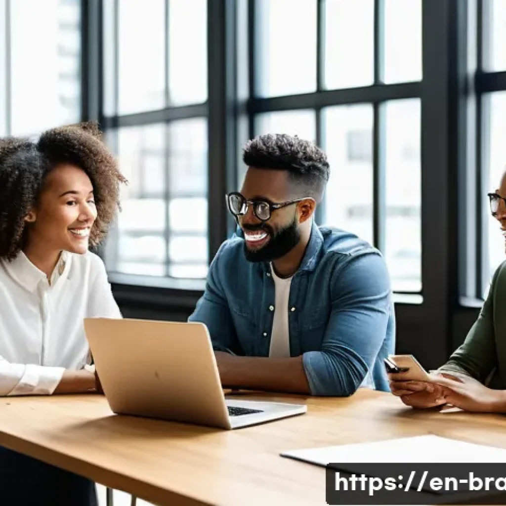 브랜드 커뮤니케이션 트렌드 분석 리포트 - A diverse group of young professionals collaborating in a modern office space, sharing authentic sto...