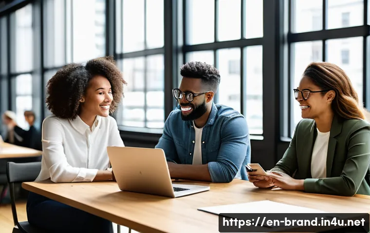 브랜드 커뮤니케이션 트렌드 분석 리포트 - A diverse group of young professionals collaborating in a modern office space, sharing authentic sto...