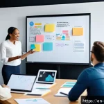 Home 21 브랜드 커뮤니케이션 필수 역량과 스킬셋 - A modern marketing team brainstorming session in a bright, open office space with diverse profession...