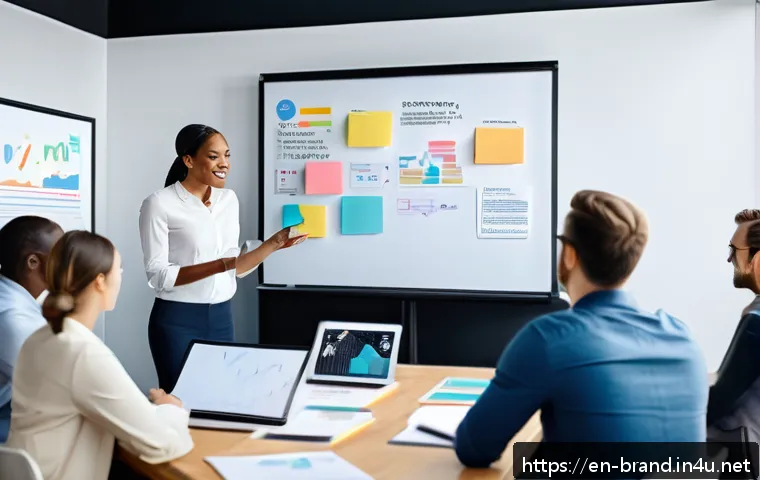 브랜드 커뮤니케이션 필수 역량과 스킬셋 - A modern marketing team brainstorming session in a bright, open office space with diverse profession...
