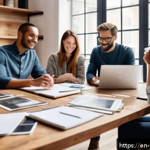 Home 30 브랜드 커뮤니케이션 전문가의 독서 목록 - A modern creative office scene showing a diverse team collaborating on brand storytelling strategy a...