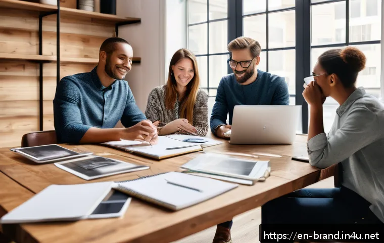 브랜드 커뮤니케이션 전문가의 독서 목록 - A modern creative office scene showing a diverse team collaborating on brand storytelling strategy a...