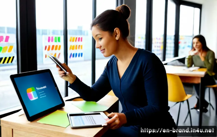 브랜드 커뮤니케이션 직무에서의 커뮤니티 관리 - Photorealistic modern community management workspace, diverse brand communications professional revi...