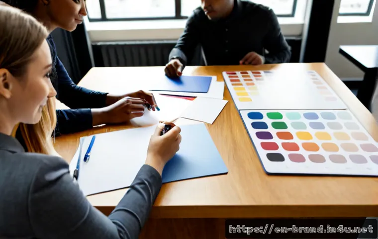 브랜드 퍼소나 설정 방법과 실전 활용 - Photorealistic brand strategy workshop in a bright modern American small-business studio, diverse te...